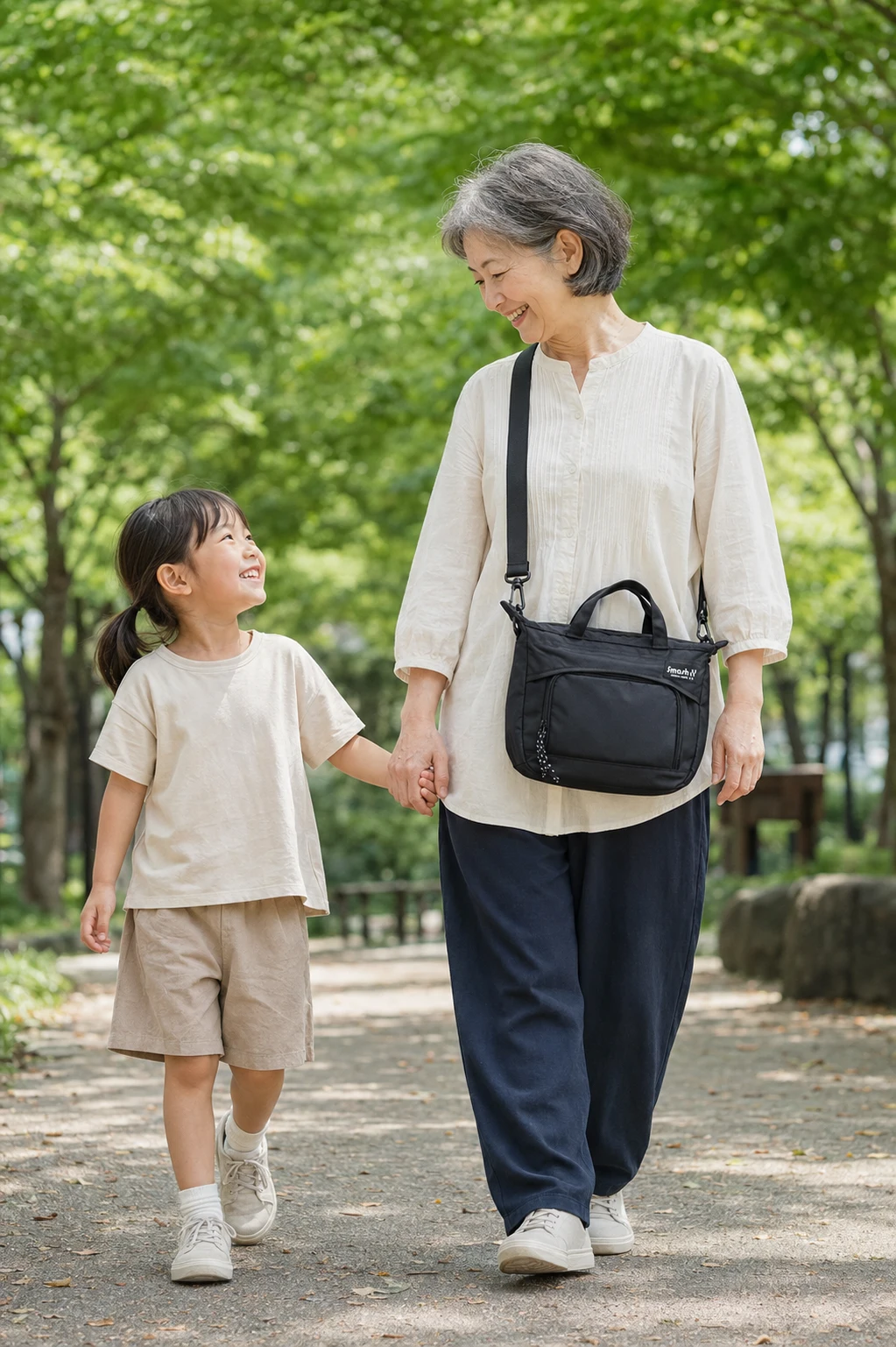 黒いSmashbag3を肩にかけた60代女性が、孫と手をつないで公園を歩くイメージ